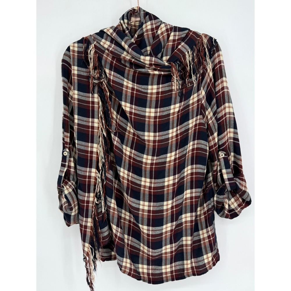 Altered State Womens M Plaid Fringe Drape Front Flannel Shirt‎ Burgundy Navy